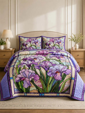 Purple Iris Quilted 3-Piece Bedding Set – Vintage Stained Glass Garden Quilted Bedding With Matching Pillow Shams