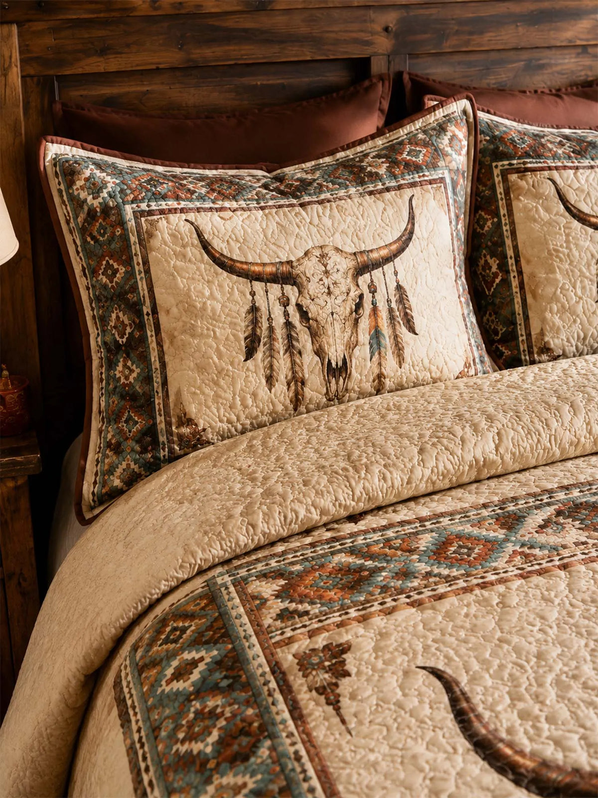 Longhorn Skull Western Quilted 3-Piece Bedding Set – Vintage Ranch Style Quilted Bedding with Matching Pillow Shams